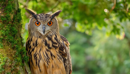 Fototapeta premium A Wise Owl Perched on Tree in a Lush Garden and Copy Space