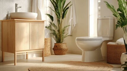 Fototapeta premium Cozy, modern bathroom interior featuring a ceramic toilet bowl and wooden furniture with minimal decoration.