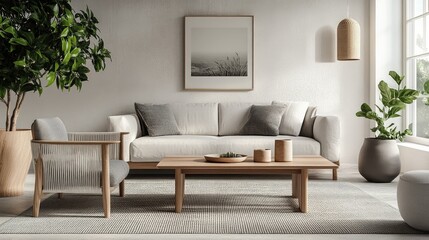Cozy Scandinavian living room with a modern sofa, wooden table, and greenery, perfect for relaxing.
