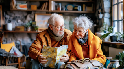 Two older adults sit together in a warm, inviting lodge, eagerly examining a map as they discuss their upcoming travel plans for an exciting winter getaway