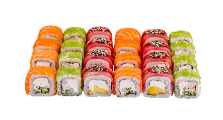 Sushi set with salmon, tuna and green tobiko caviar is lying on white background