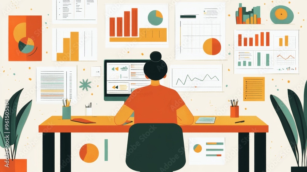 Aufkleber a woman sits at a desk surrounded by data visualizations, representing the importance of data-driven