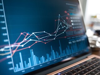 Abstract background, laptop screen displaying a graph with multiple lines, representing data analysis