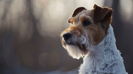  A tight shot of a dog's expressive face against a softly blurred backdrop of trees and bushes
