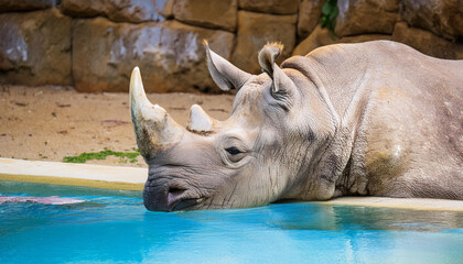 Naklejka premium Large Grey Rhinoceros Relaxing in Pool and Copy Space