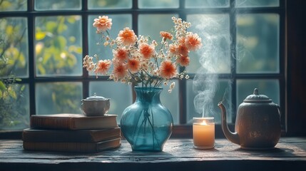 Cozy Literary Retreat: Vintage Teapot Blooms with Delicate Flowers Amidst Stacked Books and Steaming Tea