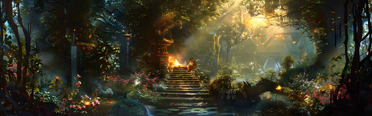 A forest with a path through it and glowing flowers with sunlight rays in the background