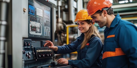 Male and female engineer working together on a factory control panel, analyzing production data and adjusting machinery in a modern industrial environment.