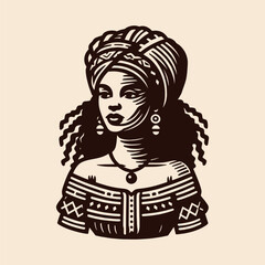 Beautiful young Caribbean woman in ethnic clothing portrait. Vintage retro engraving vector emblem, print, illustration