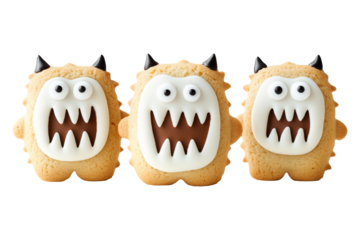 Cute monsters cookies with big eyes and sharp teeth isolated on white transparent background. Fun and whimsical dessert concept for parties or Halloween
