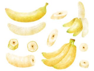 水彩で描いたバナナのイラストセット