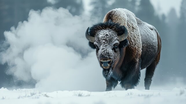  A bison stands in the snow, emitting copious amounts of smoke from its back, with open eyes