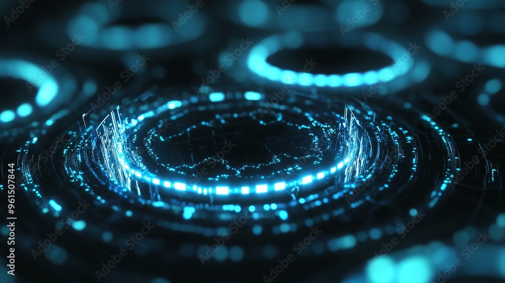 Poster abstract digital data flow concept with glowing blue circles and lines, symbolizing technology, inno