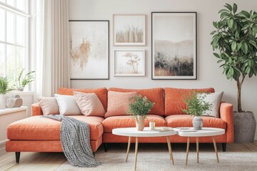 Fototapeta premium A cozy living room featuring an orange sectional sofa, artwork, and decorative plants.