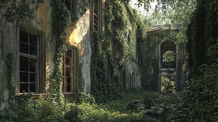 Naklejka premium An abandoned building, its facade overtaken by lush greenery, evokes a sense of history, decay, and the resilience of nature. Sunbeams pierce through the foliage, highlighting the building's intricate