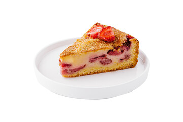 Slice of strawberry cake lying on white plate