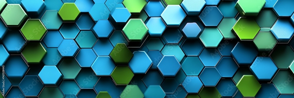 Poster an abstract background featuring a repeating pattern of blue and green hexagon tiles. the tiles are 