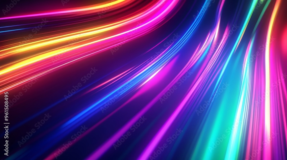 Poster an abstract background with vibrant, glowing neon lines in a rainbow of colors. the lines create a d