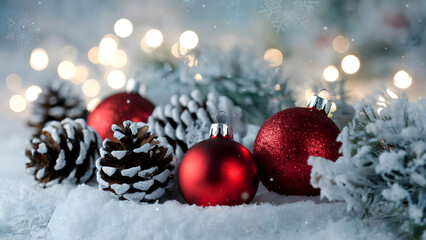 Festive Winter Scene with Snow-Dusted Pine Cones, Red Christmas Ornaments, and Soft Holiday Lights in the Background
