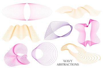 Wavy linear elements for design. Abstract fluid geometric shapes. Stylized line art. Technology and science illustration. Digital frequency track equalizer. Optical Illusion curves and swirls. Vecor