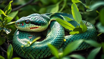 Colorful snake nestled in vibrant green foliage showcasing intricate scales and stunning patterns.