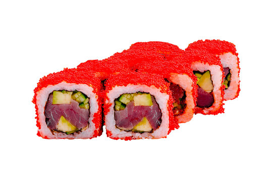 California uramaki sushi rolls decorated with tobiko red caviar featuring tuna and avocado