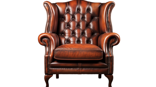 designer wooden chesterfield wing chair, studio view, isolated on transparent background. - Powered by Adobe