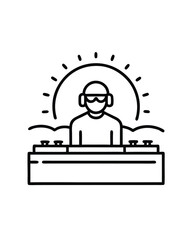 Editable stroke vector of a DJ performing under a stylized sun.