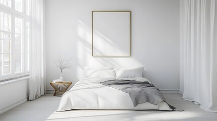 A minimalist bedroom with a clean, white bed and a single piece of art on the wall
