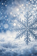 A close-up of a delicate snowflake on a snowy background with bokeh lights, ideal for winter and festive themes.