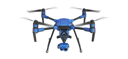 A 3d model drone (quadcopter) with remote control, flying with a 4k camera. blue color. 3d illustration. Isolated on white background