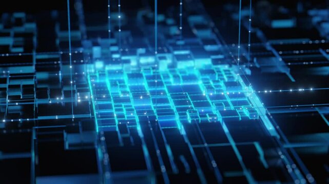 Futuristic digital grid with glowing neon blue cubes and data connections, abstract technology background