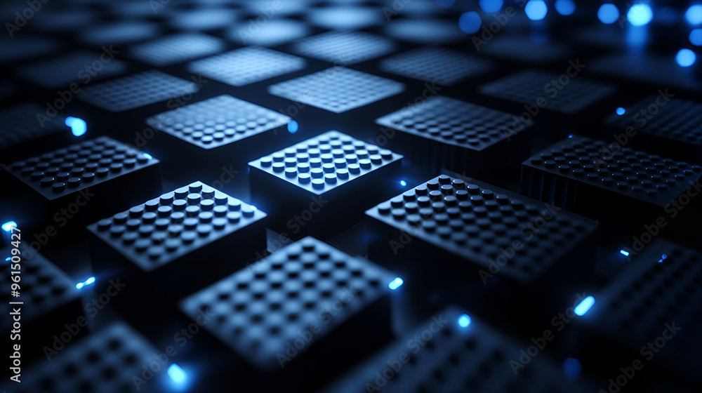 Poster abstract view of illuminated hexagonal tiles on a dark surface creating a futuristic pattern at nigh