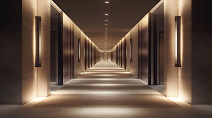 A straight, symmetrical pathway lined with minimalist, modern light fixtures