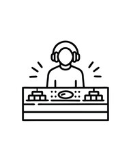 Editable vector illustration of a DJ performing with headphones and a mixer.