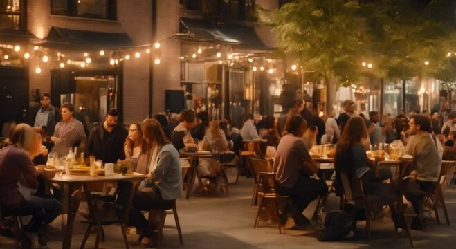 People dining al fresco in a busy urban neighborhood.
