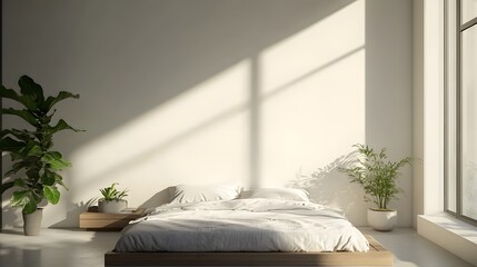A minimalist bedroom with a low-profile bed, simple bedding, and a bare wall