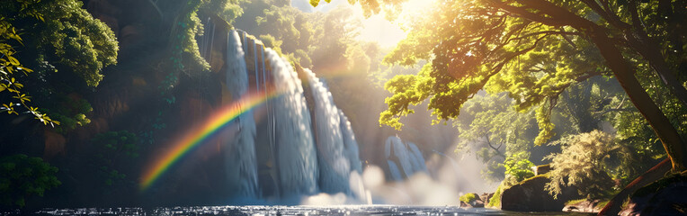 A peaceful woodland glade with sunlight filtering through the trees, with rainbow in background
