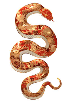 recommend clip art: Lunar Zodiac Chinese snake illustration in style of ancient Asian art. Red and gold serpent with intricate pattern with oriental traditional motifs. 2025 New Year isolated clip art
