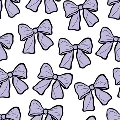 Lilac bows pattern. Hand drawn ribbon bows on white background. Gift wrapping. Romantic backdrop.