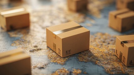Cardboard boxes are placed on a world map, symbolizing global trade, international shipping, logistics, distribution, and connectivity.