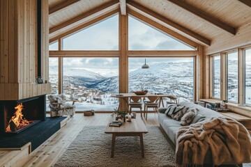 Fototapeta premium Cozy modern cabin interior with panoramic mountain views and a warm fireplace.