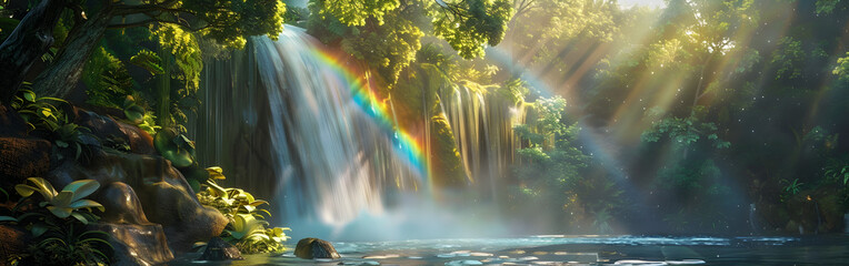 The water falling meadow filled with blooming flowers sunlight with rainbow in background
