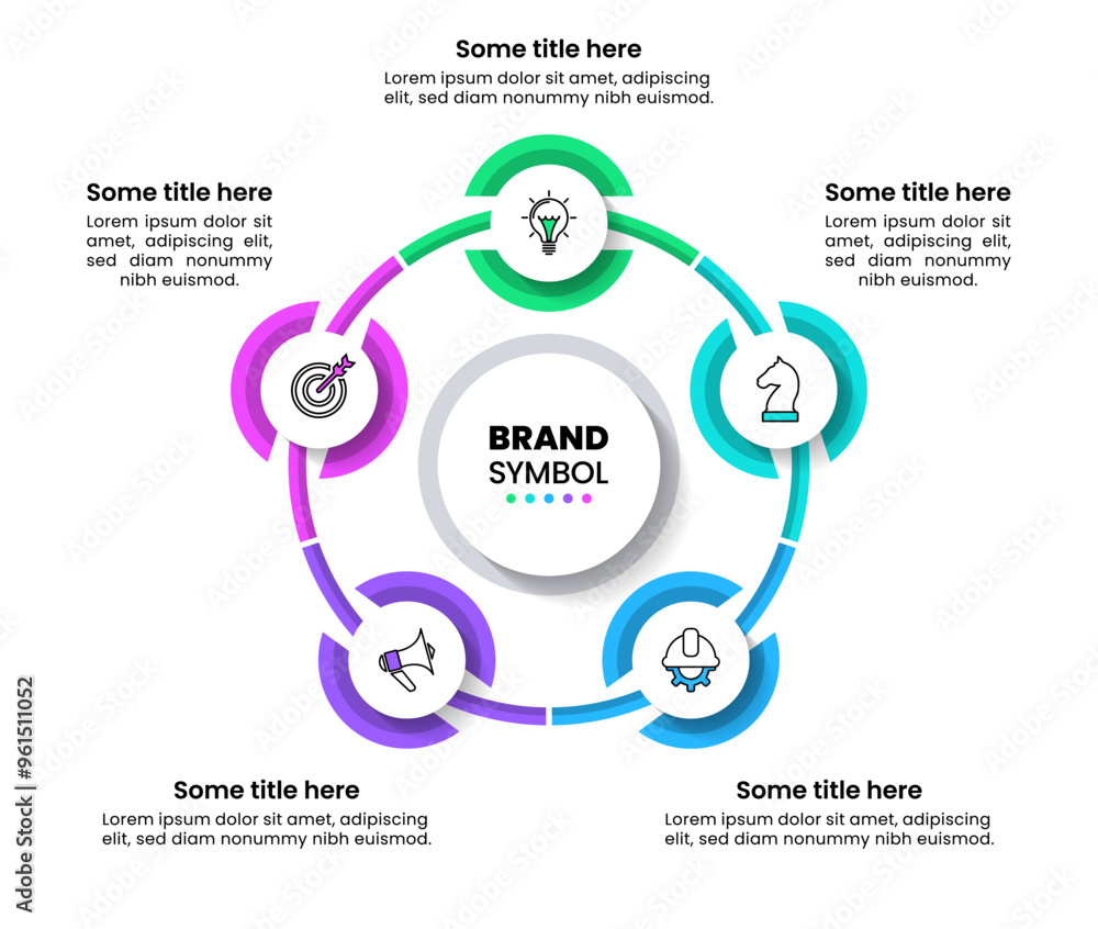 Sticker Infographic template. 5 circles with a line and a title in the middle