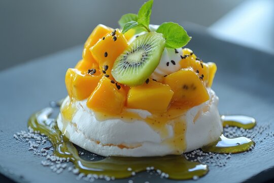 A delicate mini pavlova topped with tropical fruits like mango, passion fruit, and kiwi, with a drizzle of honey