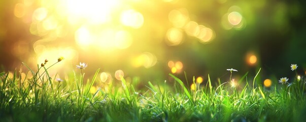 Obraz premium Beautiful spring background with green grass and bokeh lighting
