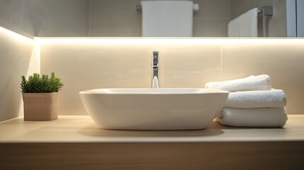 A minimalist bathroom with a clean, white sink and a single hand towel