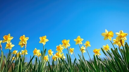 Fototapeta premium A field of blooming daffodils with bright yellow petals against a clear blue sky, capturing the essence of springtime freshness