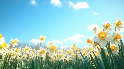 A field of blooming daffodils with bright yellow petals against a clear blue sky, capturing the essence of springtime freshness