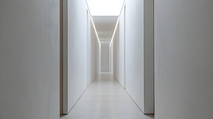 A straight, narrow hallway with smooth, white walls and a single door at the end